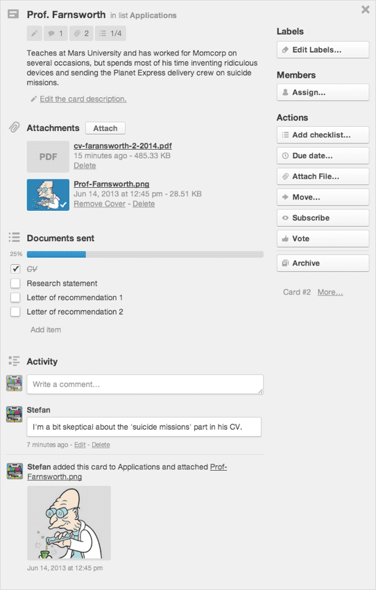 An example Trello card